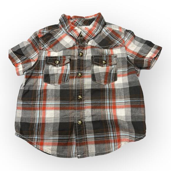 Osh Kosh b’Gosh Boys size 24 Months Snap Button Short Sleeve Shirt Plaid Brown - Picture 1 of 4